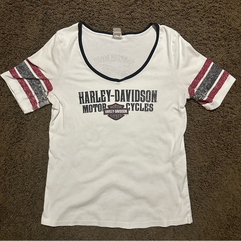Harley-Davidson White and Red Short Sleeve V Neck Tee